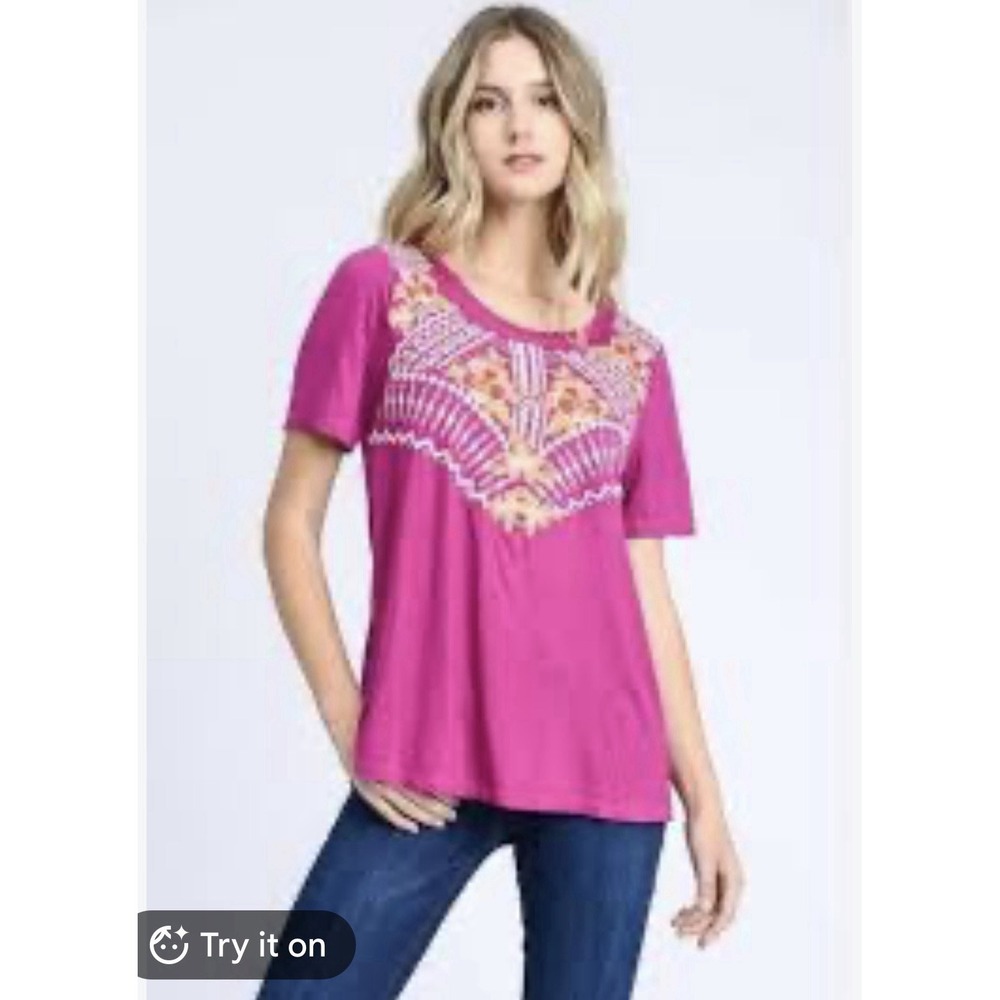 Jodifl Magenta Boho vibrant floral and geometric embroidery across the chest Lg